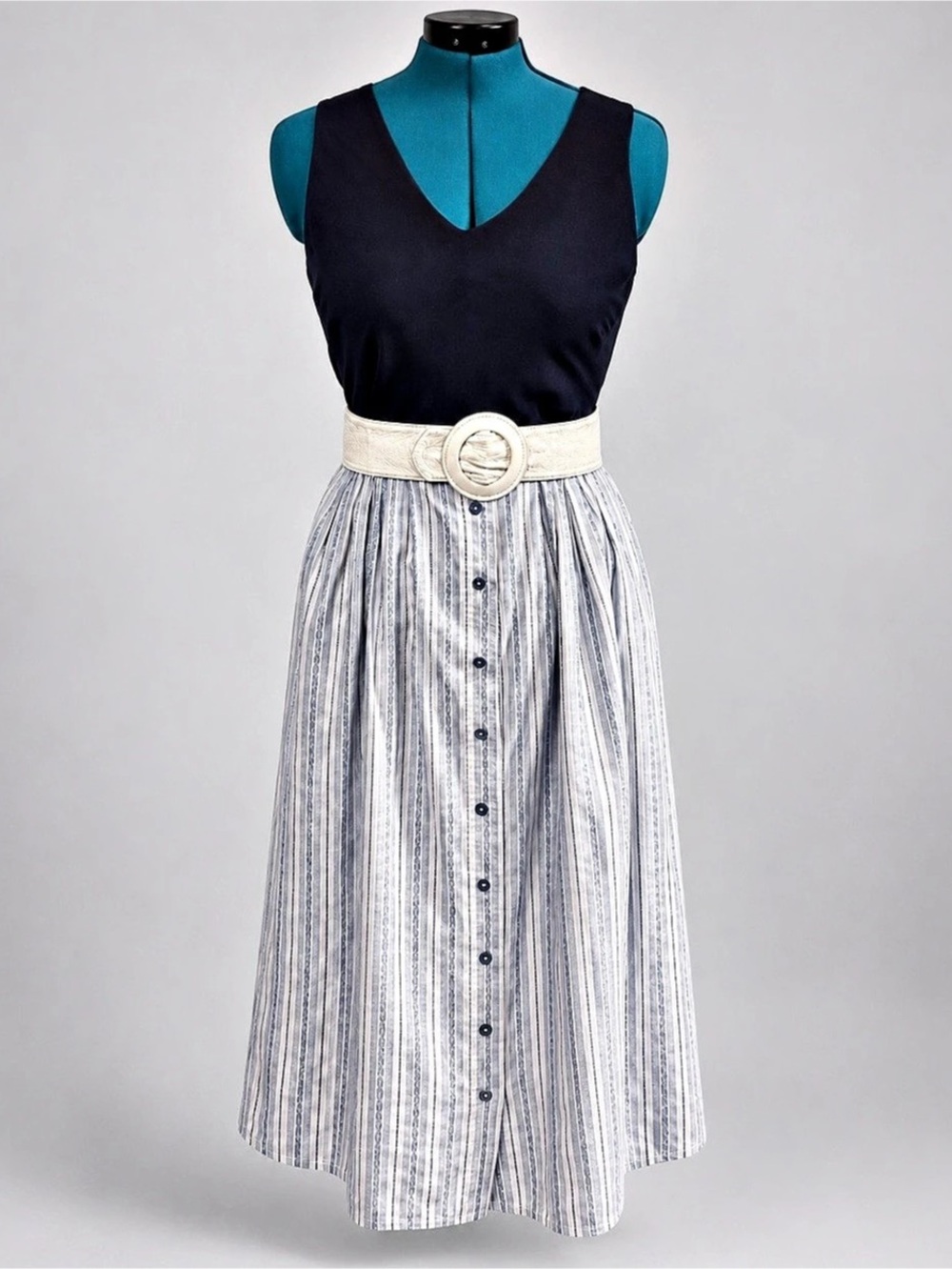 Vintage Koret City Blues Blue & White Striped Button Front Midi Skirt Made USA
